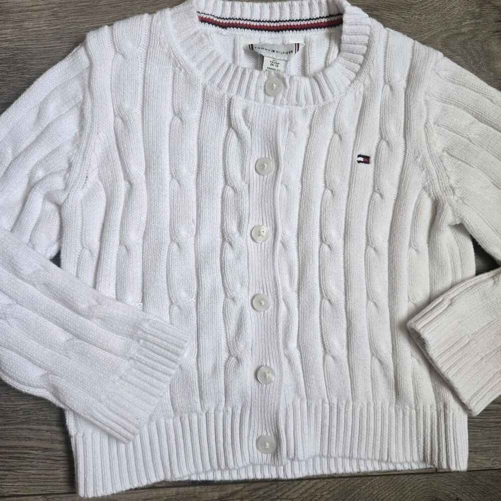 Tommy Hilfiger Girls Cable Knit Cardigan White Cotton Preppy Sweater XS 4-5